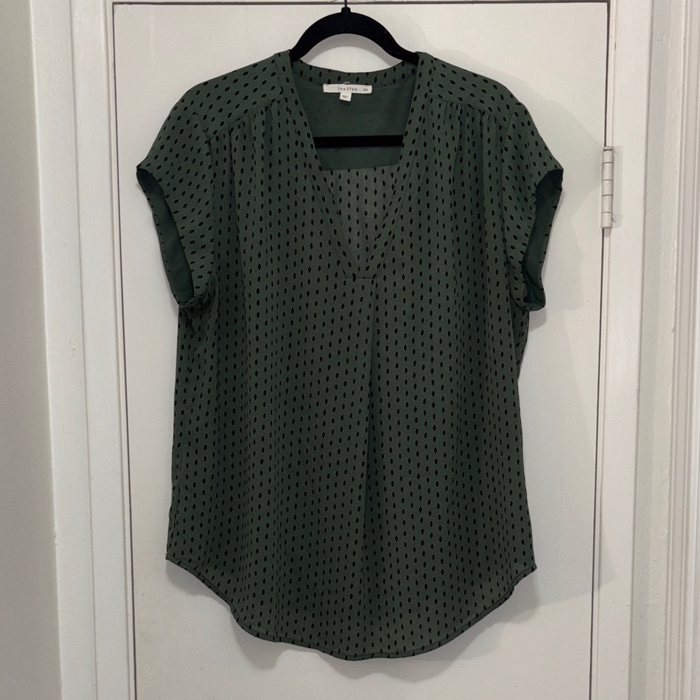 Fun 2 Fun Olive Patterned V-Neck Blouse